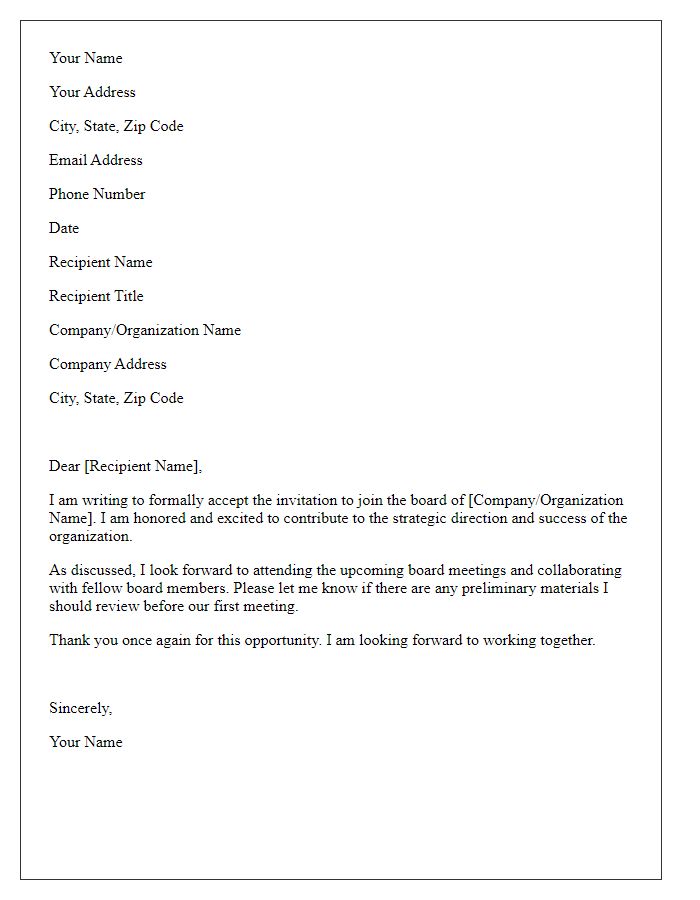 Letter template of formal acceptance of board invitation