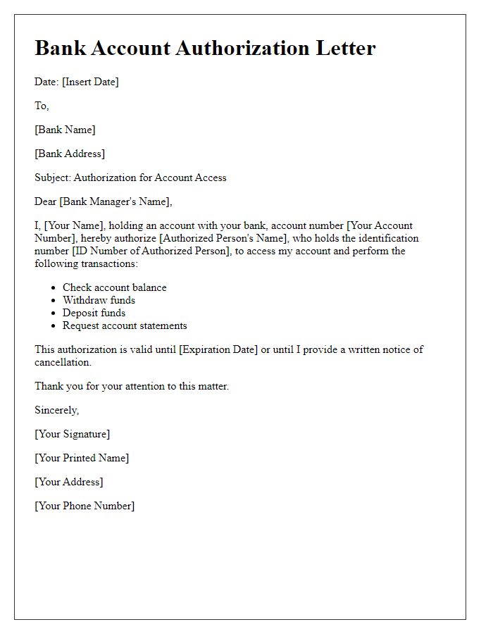 Letter template of bank account authorization for account access