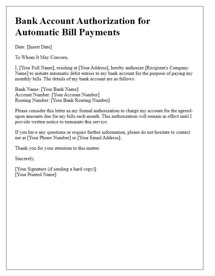 Letter template of bank account authorization for automatic bill payments