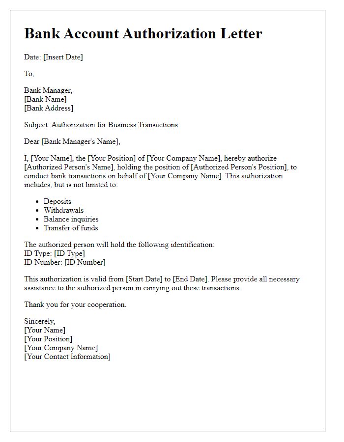 Letter template of bank account authorization for business transactions