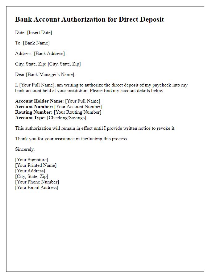 Letter template of bank account authorization for direct deposit