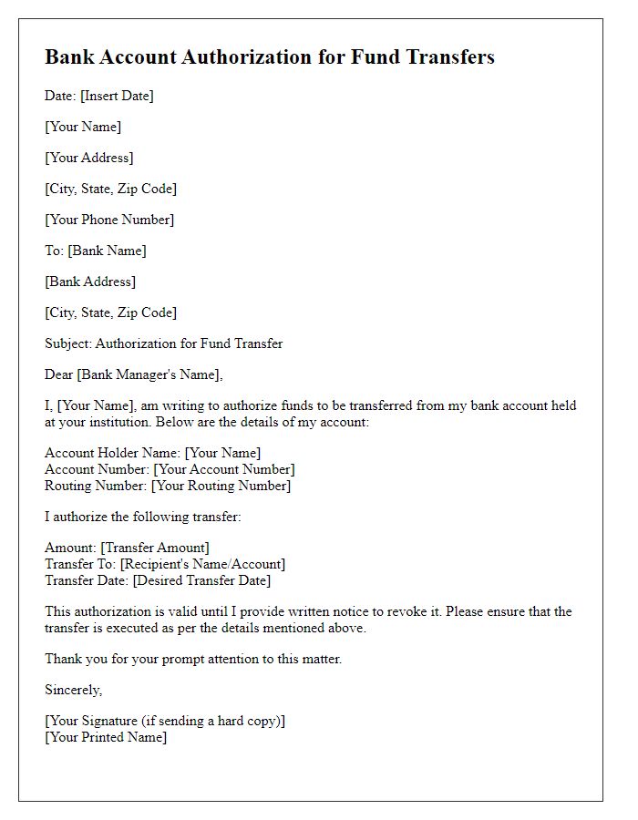 Letter template of bank account authorization for fund transfers