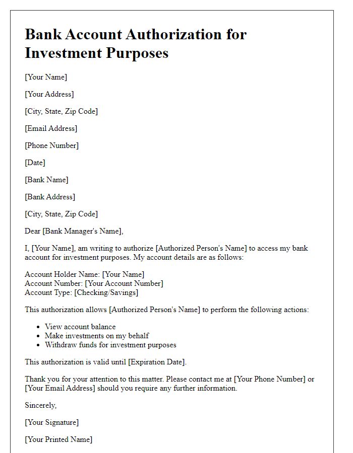 Letter template of bank account authorization for investment purposes