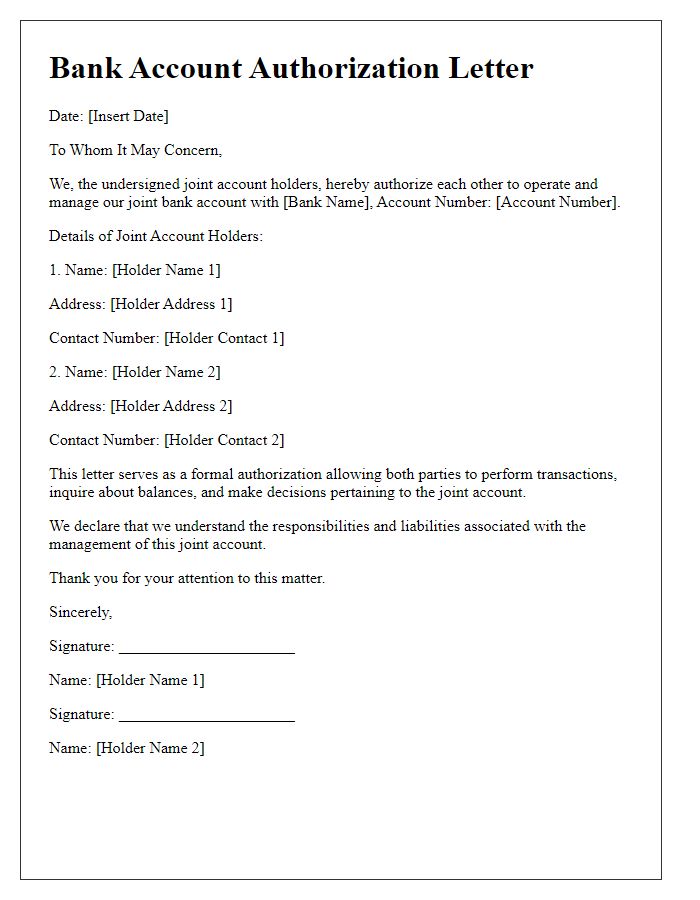 Letter template of bank account authorization for joint account holders