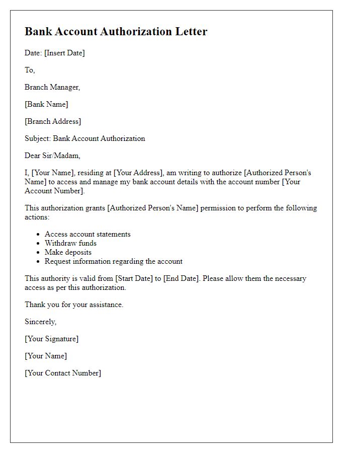 Letter template of bank account authorization for personal use