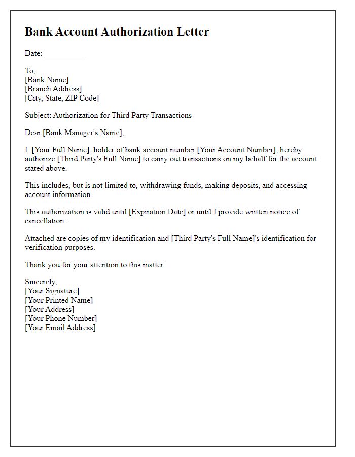 Letter template of bank account authorization for Third Party transactions