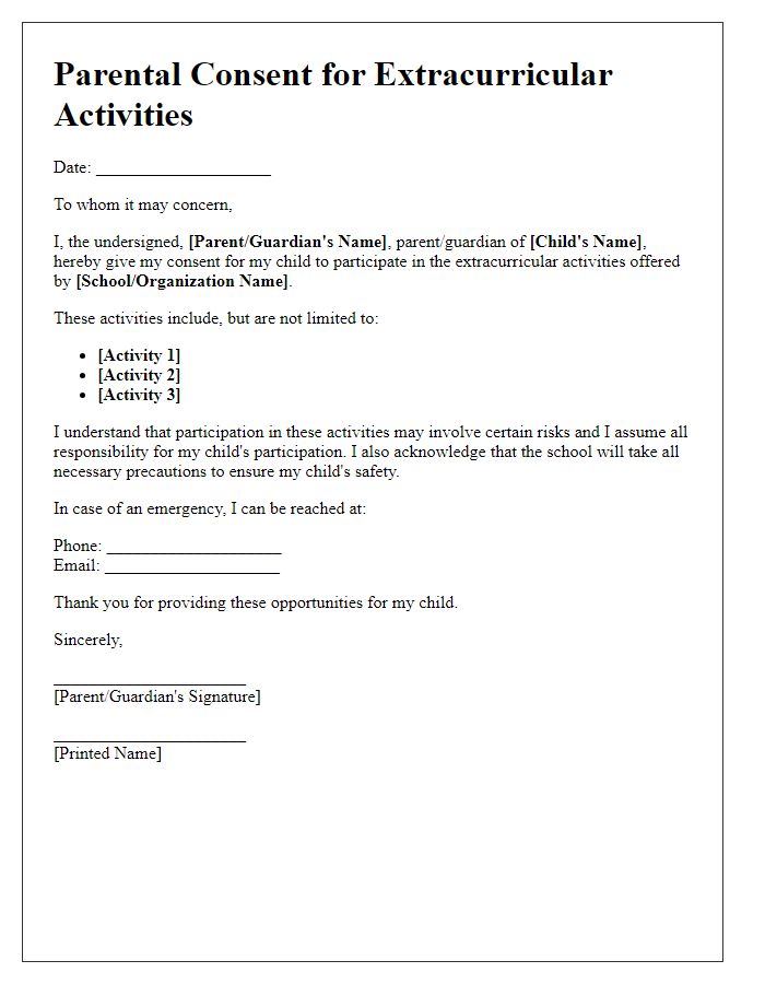 Letter template of parental consent for extracurricular activities.