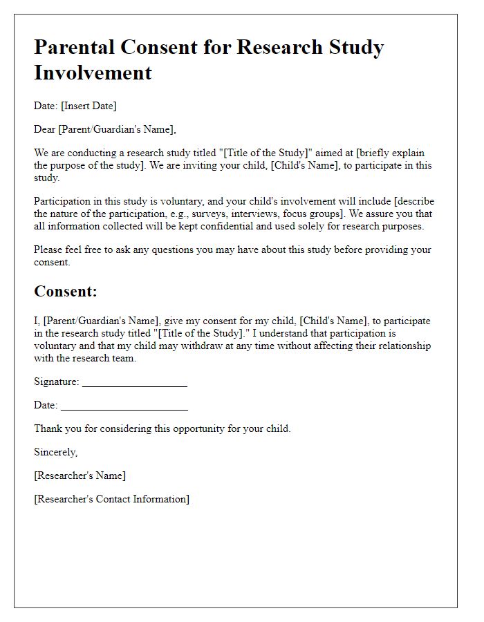 Letter template of parental consent for research study involvement.