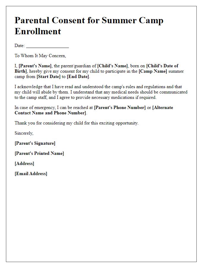 Letter template of parental consent for summer camp enrollment.