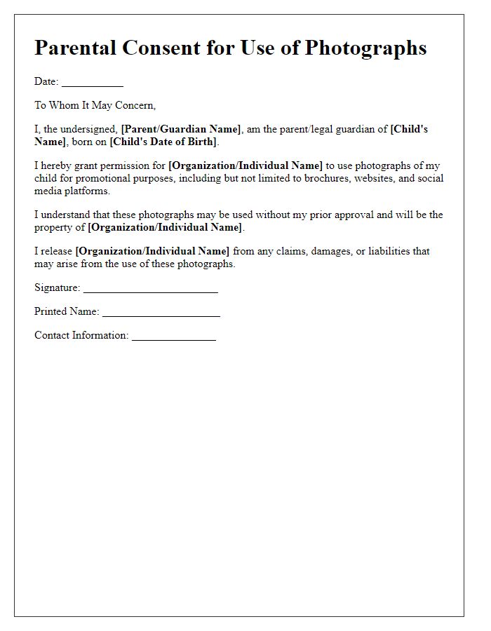 Letter template of parental consent for use of photographs.