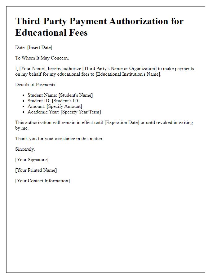 Letter template of Third-Party Payment Authorization for Educational Fees