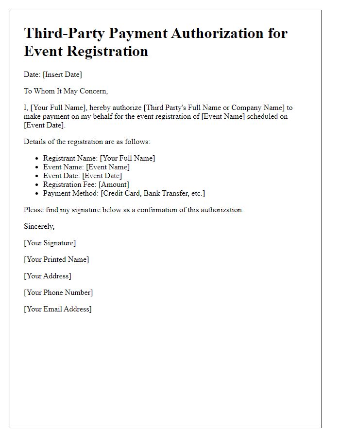 Letter template of Third-Party Payment Authorization for Event Registrations