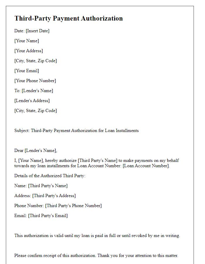 Letter template of Third-Party Payment Authorization for Loan Installments