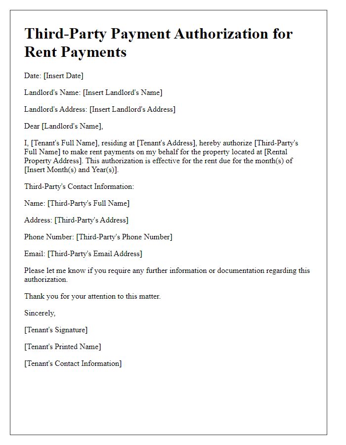 Letter template of Third-Party Payment Authorization for Rent Payments