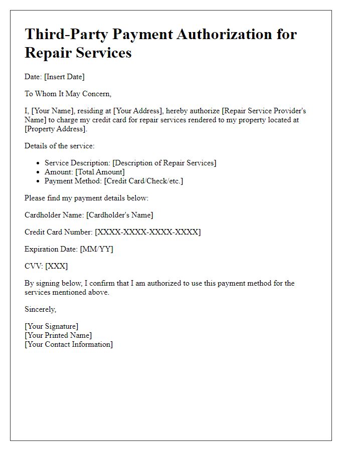 Letter template of Third-Party Payment Authorization for Repair Services