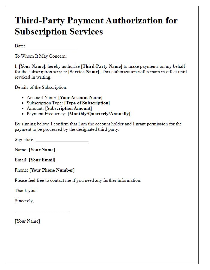 Letter template of Third-Party Payment Authorization for Subscription Services