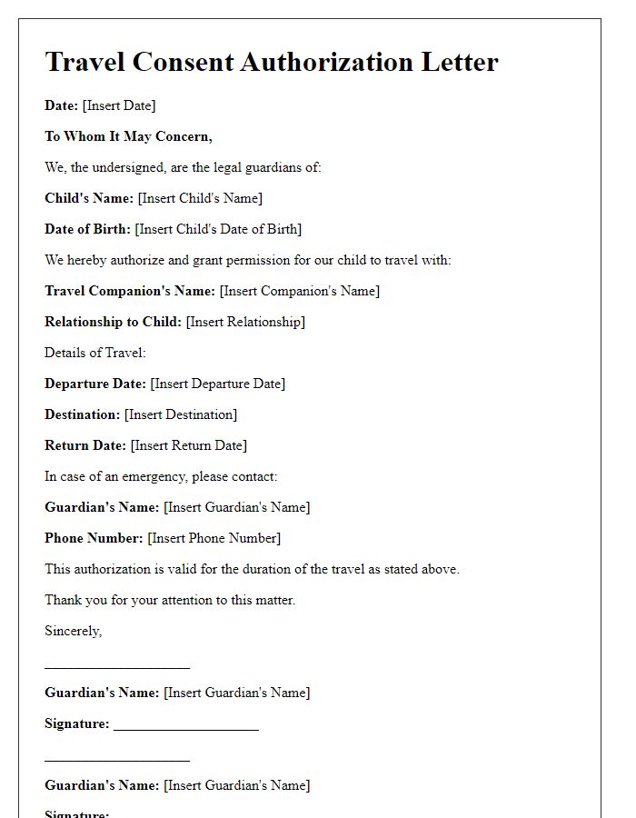 Letter template of travel consent authorization for guardians