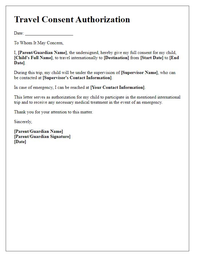 Letter template of travel consent authorization for international trips