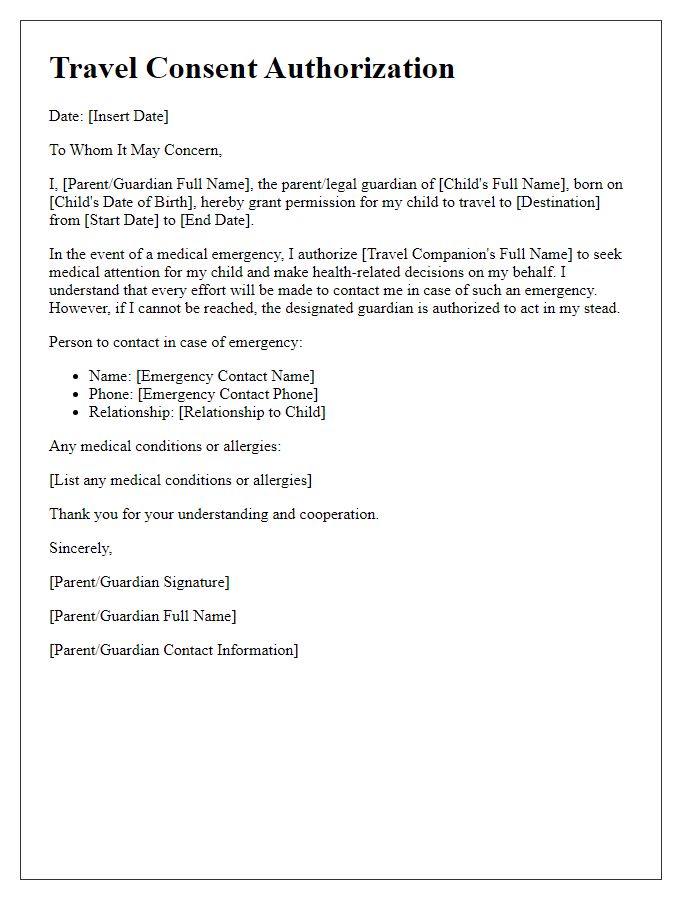 Letter template of travel consent authorization for medical emergencies