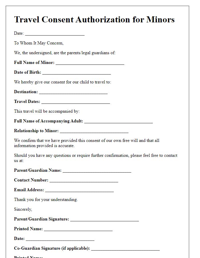 Letter template of travel consent authorization for minors