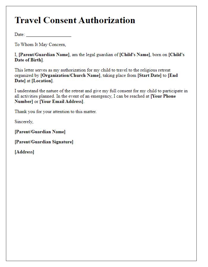 Letter template of travel consent authorization for religious retreats