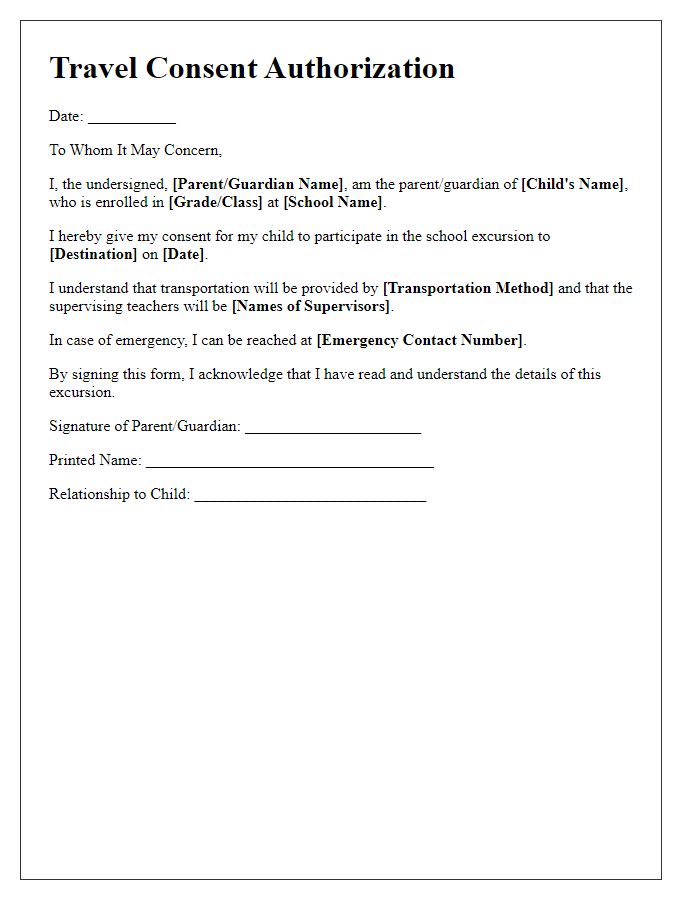 Letter template of travel consent authorization for school excursions