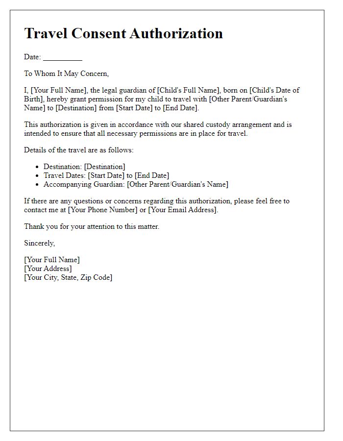 Letter template of travel consent authorization for shared custody arrangements