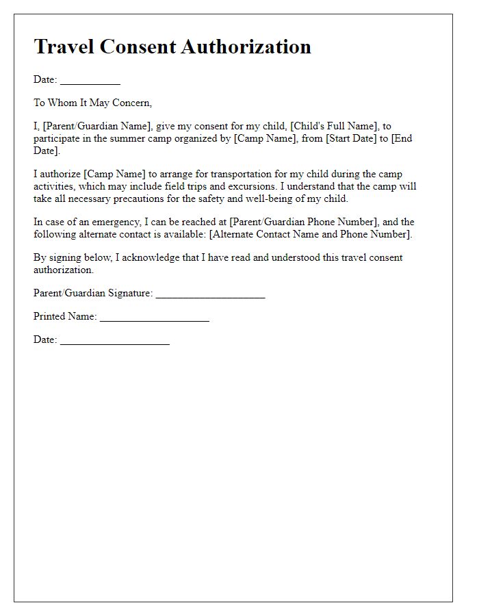 Letter template of travel consent authorization for summer camp