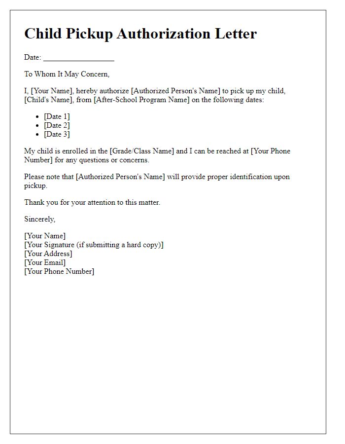 Letter template of child pickup authorization for after-school programs.