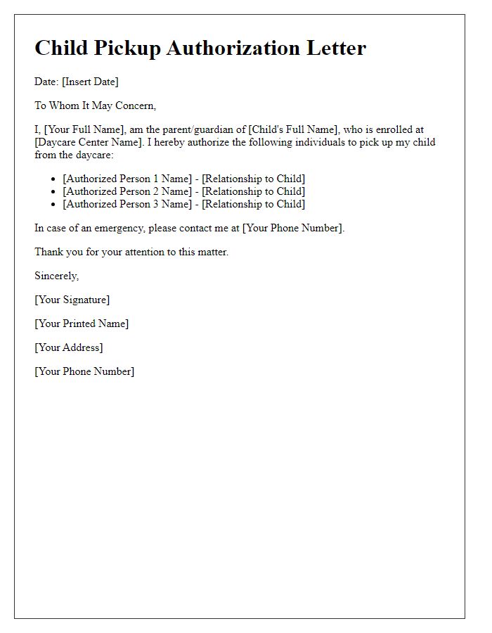 Letter template of child pickup authorization for daycare centers.