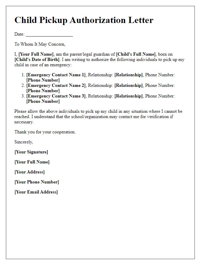 Letter template of child pickup authorization for emergency contacts.