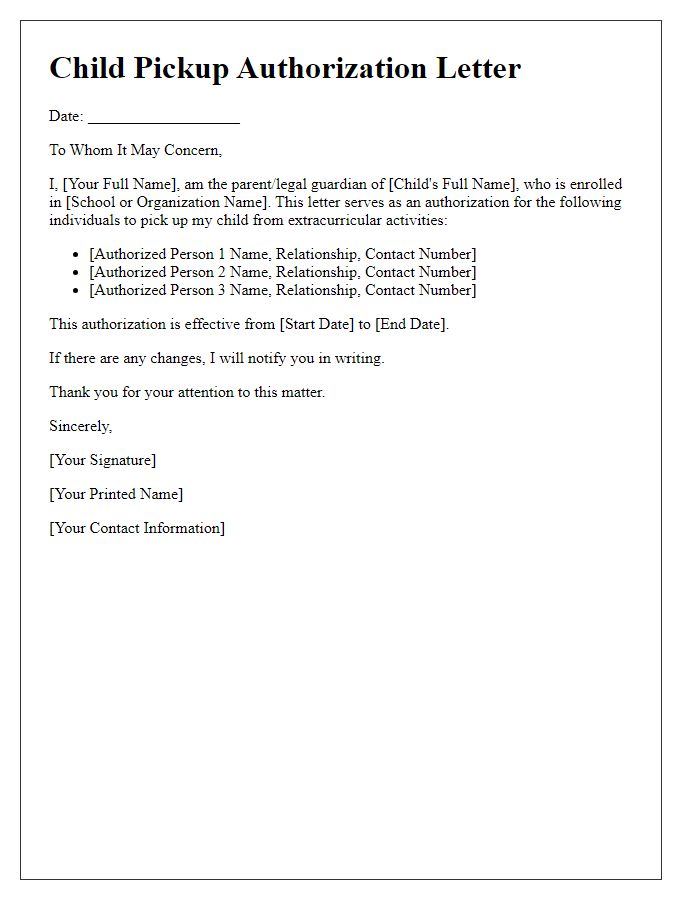 Letter template of child pickup authorization for extracurricular activities.