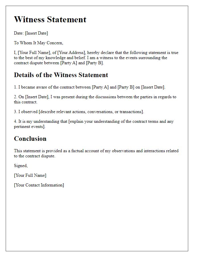 Letter template of witness statement for contract dispute.