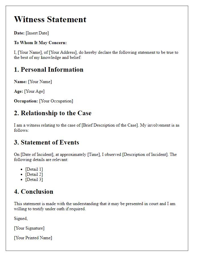 Letter template of witness statement for court appearance.