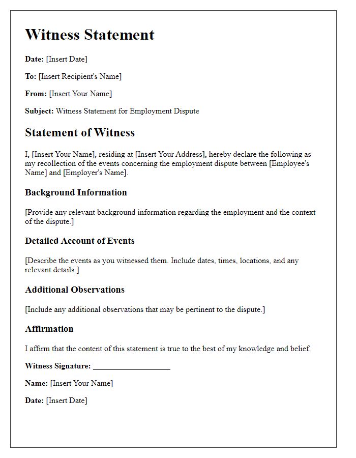 Letter template of witness statement for employment dispute.