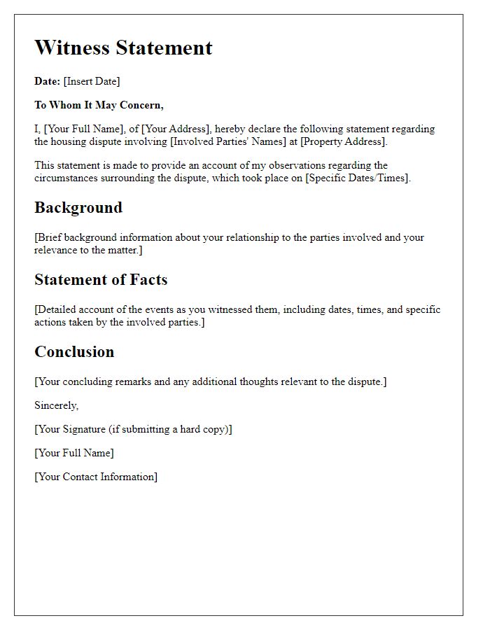 Letter template of witness statement for housing dispute.