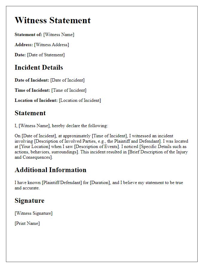 Letter template of witness statement for personal injury case.