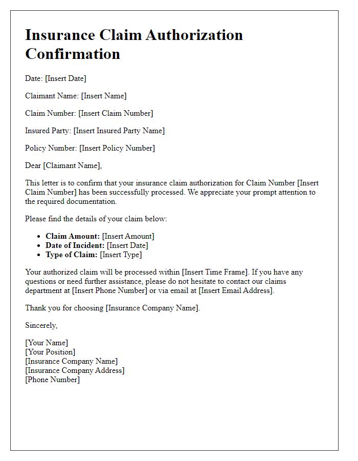 Letter template of insurance claim authorization confirmation