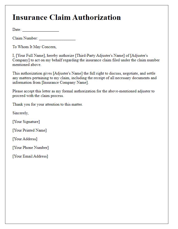 Letter template of insurance claim authorization for third-party adjuster