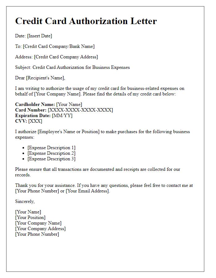 Letter template of credit card authorization for business expenses