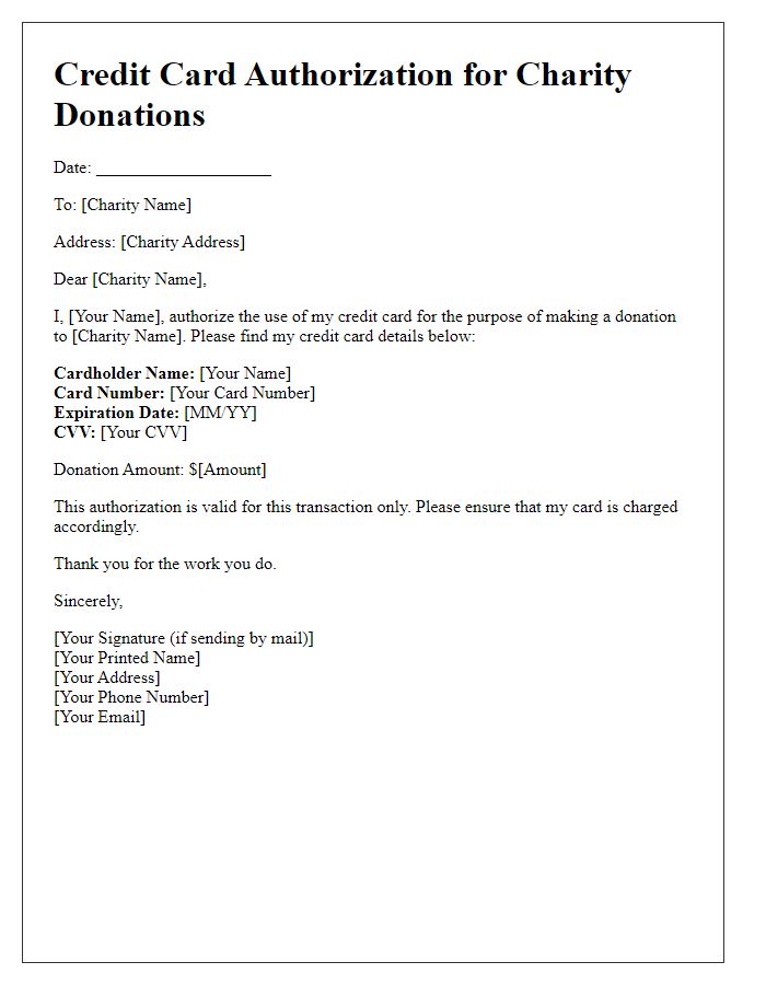 Letter template of credit card authorization for charity donations