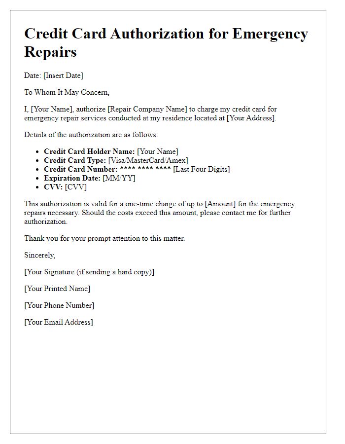 Letter template of credit card authorization for emergency repairs