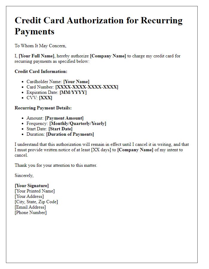 Letter template of credit card authorization for recurring payments