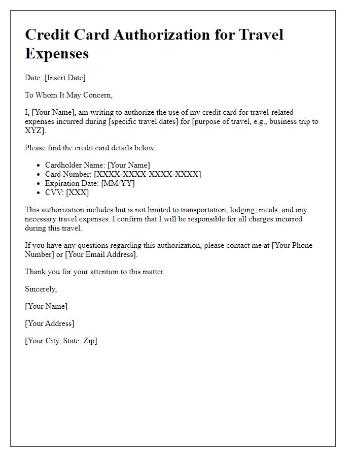 Letter template of credit card authorization for travel expenses