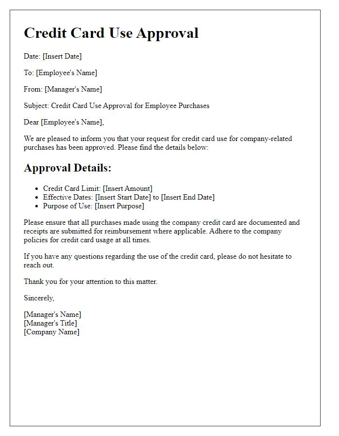 Letter template of credit card use approval for employee purchases