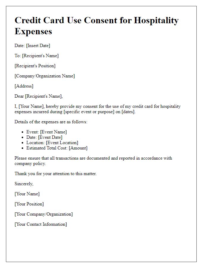 Letter template of credit card use consent for hospitality expenses