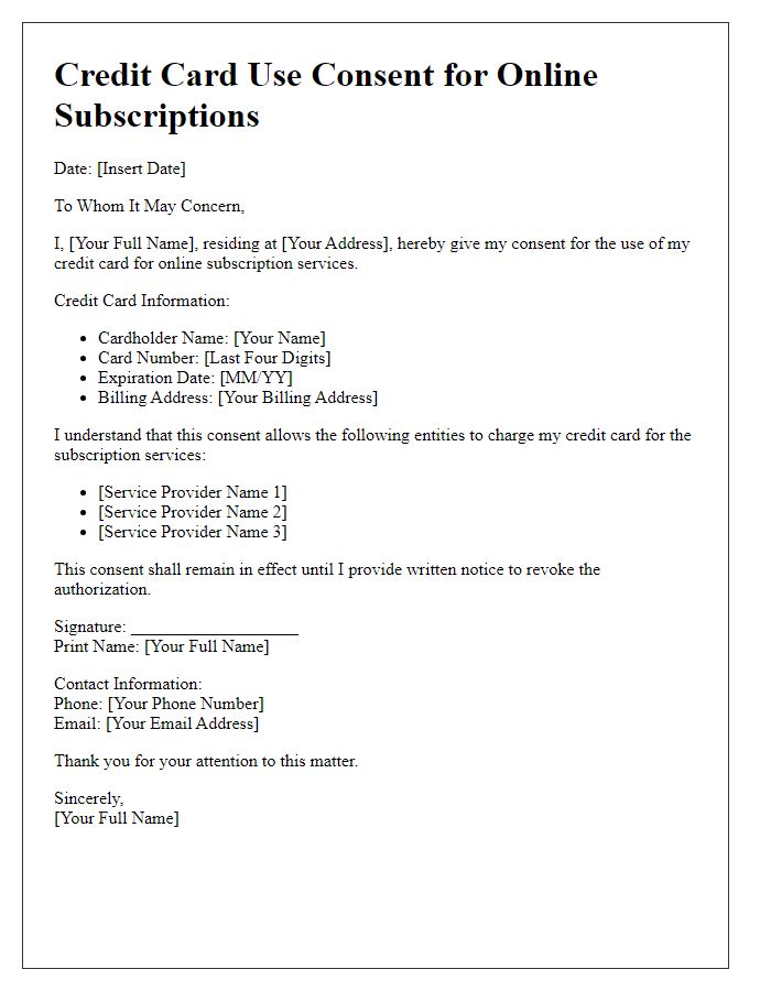 Letter template of credit card use consent for online subscriptions