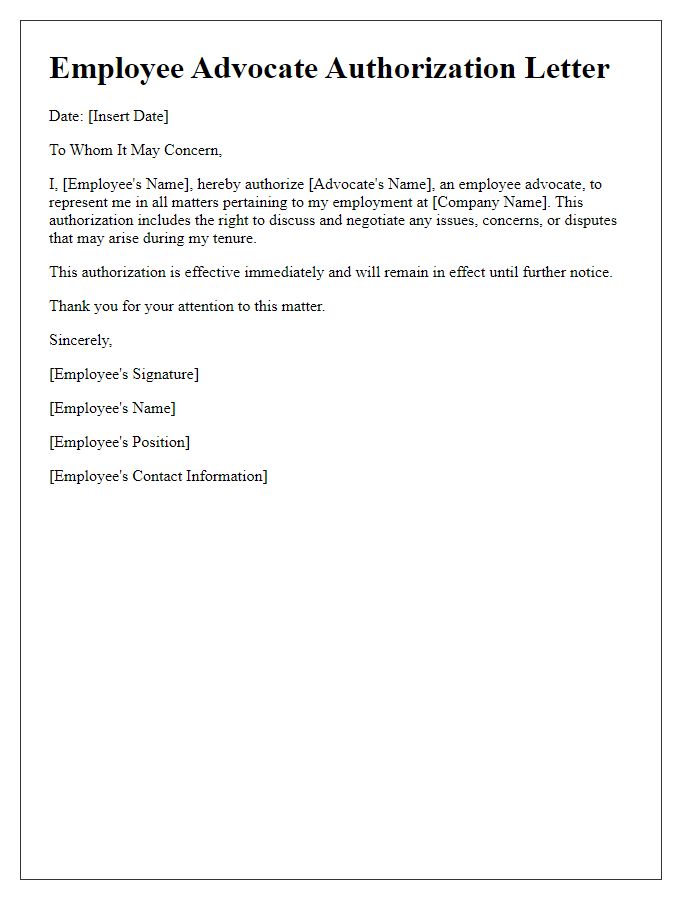 Letter template of employee advocate authorization