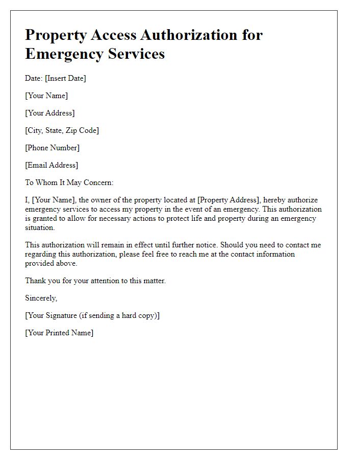 Letter template of property access authorization for emergency services.