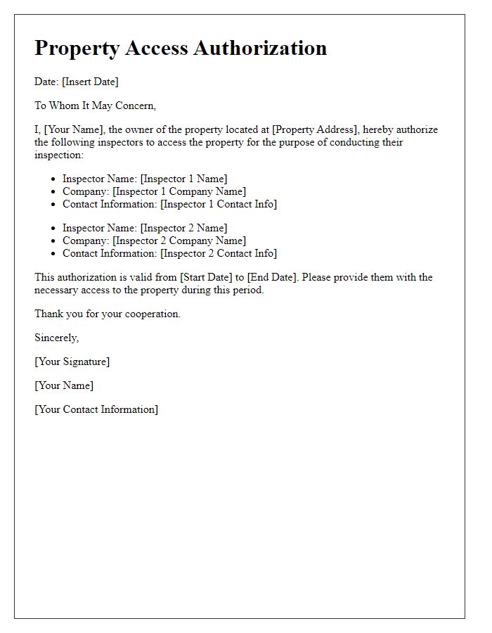 Letter template of property access authorization for inspectors.